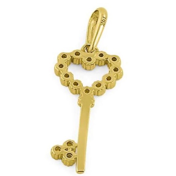 Solid 14K Yellow Gold Heart Key CZ Pendant - Picture 3 of 4
